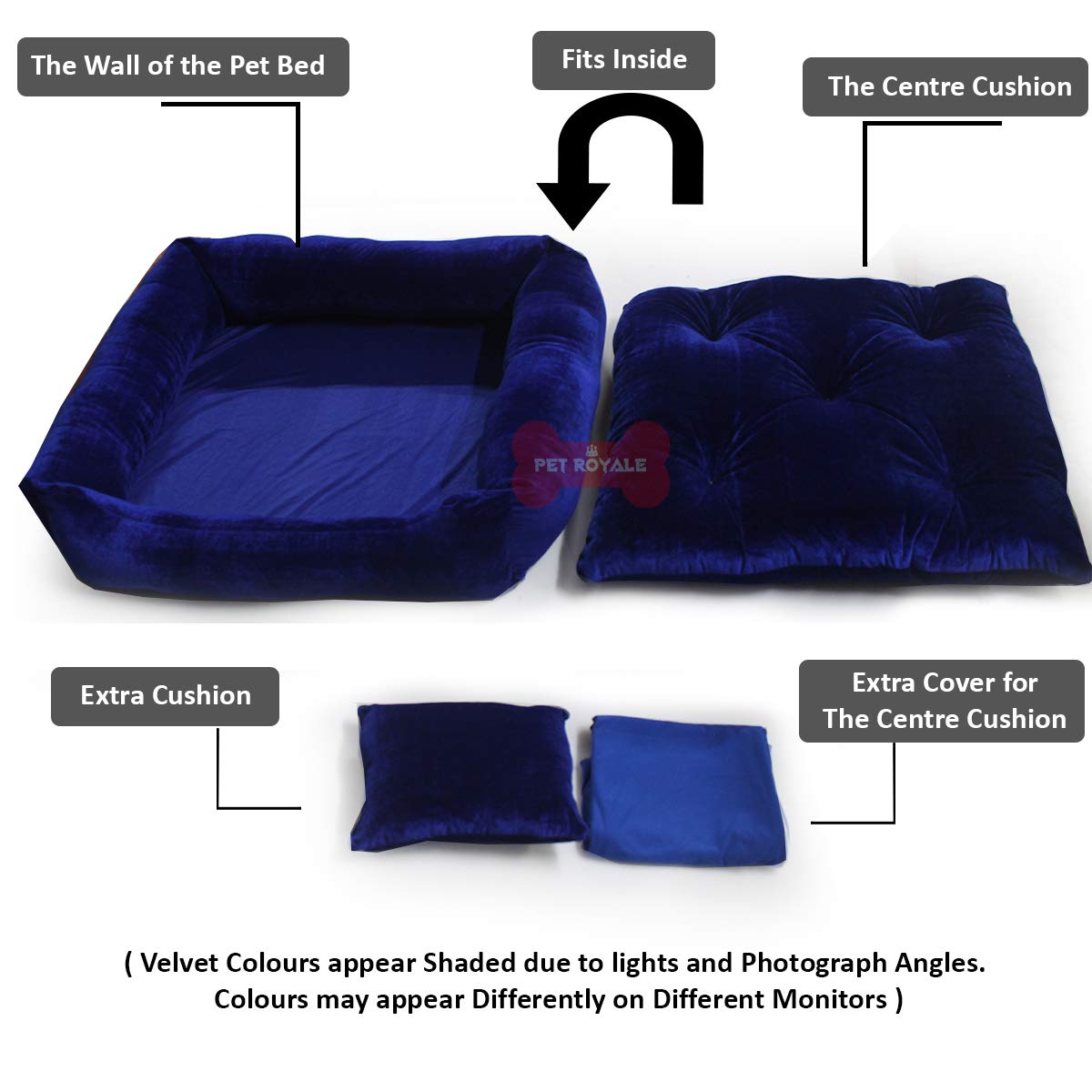Solid Blue Pet Royale Reversable Velvet Bed for Pets with Extra Detachable Cotton Seat Cover