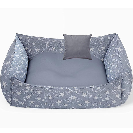Grey Stars - Reversible Dog Bed for Dogs | Plus Extra Removable 100% Cotton Washable Covers
