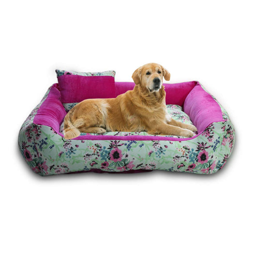 Blue Flora - Reversible Dog Bed for Dogs | Plus Extra Removable 100% Cotton Washable Covers
