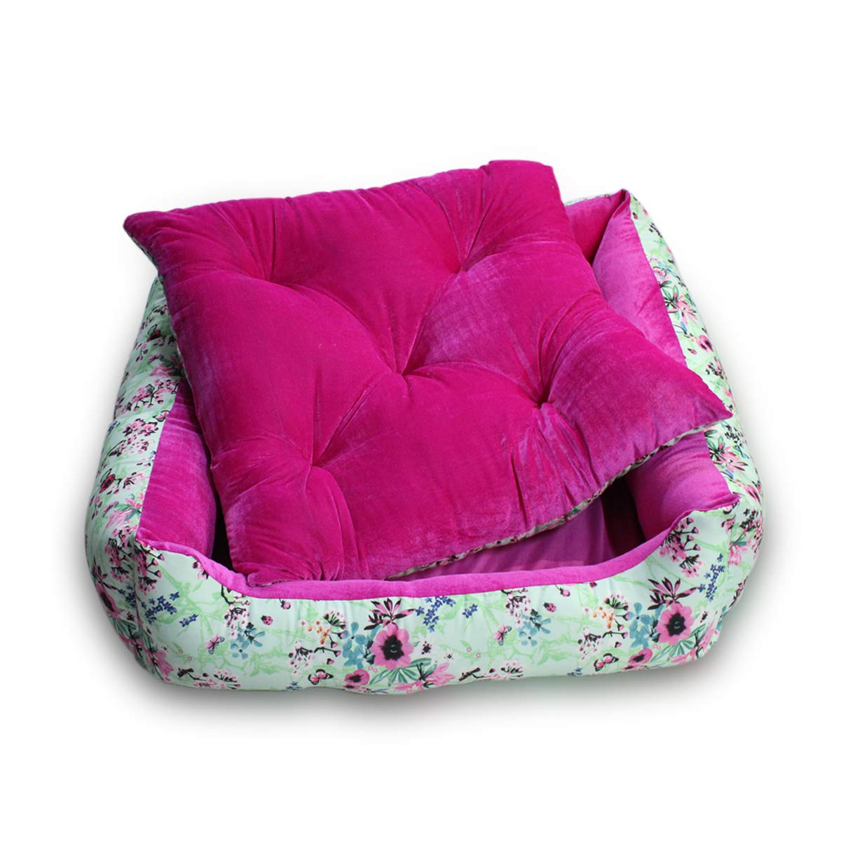 Blue Flora - Reversible Dog Bed for Dogs | Plus Extra Removable 100% Cotton Washable Covers