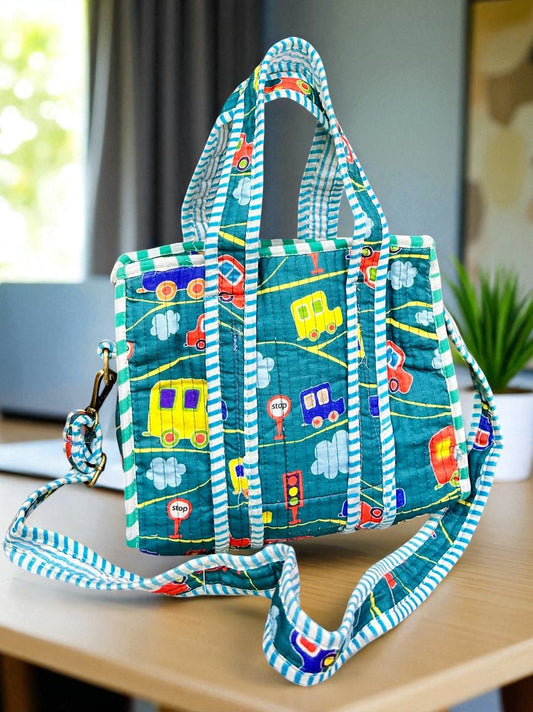 Jaipur Printed Quilted Tote Bags | Reversible Quilted Bag - Transport Print