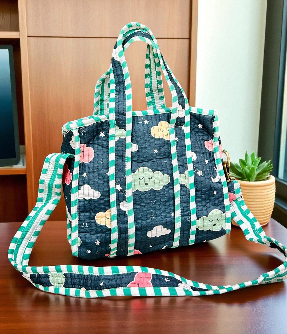 Jaipur Printed Quilted Tote Bags | Reversible Quilted Bag - Clouds