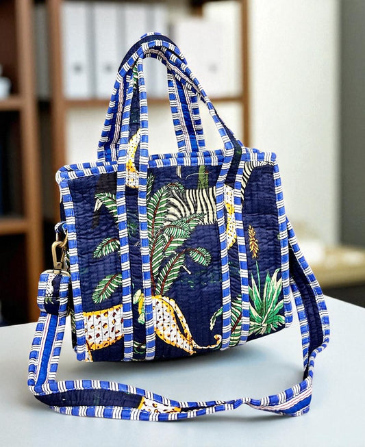 Printed Quilted Tote Bags | Reversible Quilted Bag - Blue Forest