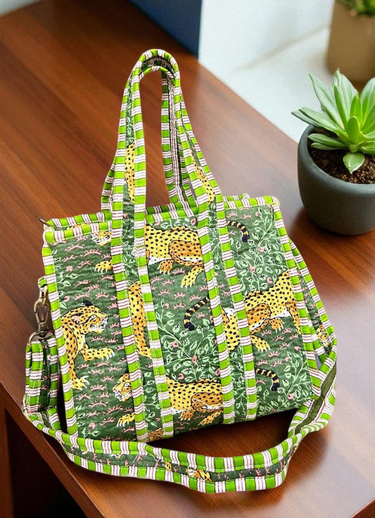 Printed Quilted Tote Bags | Reversible Quilted Bag - Green Tiger