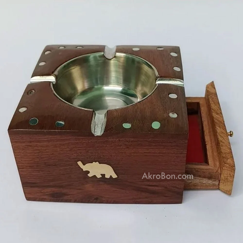 InSquare Round Wooden Ashtray - with Removable Tray