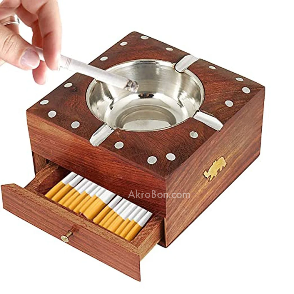 InSquare Round Wooden Ashtray - with Removable Tray
