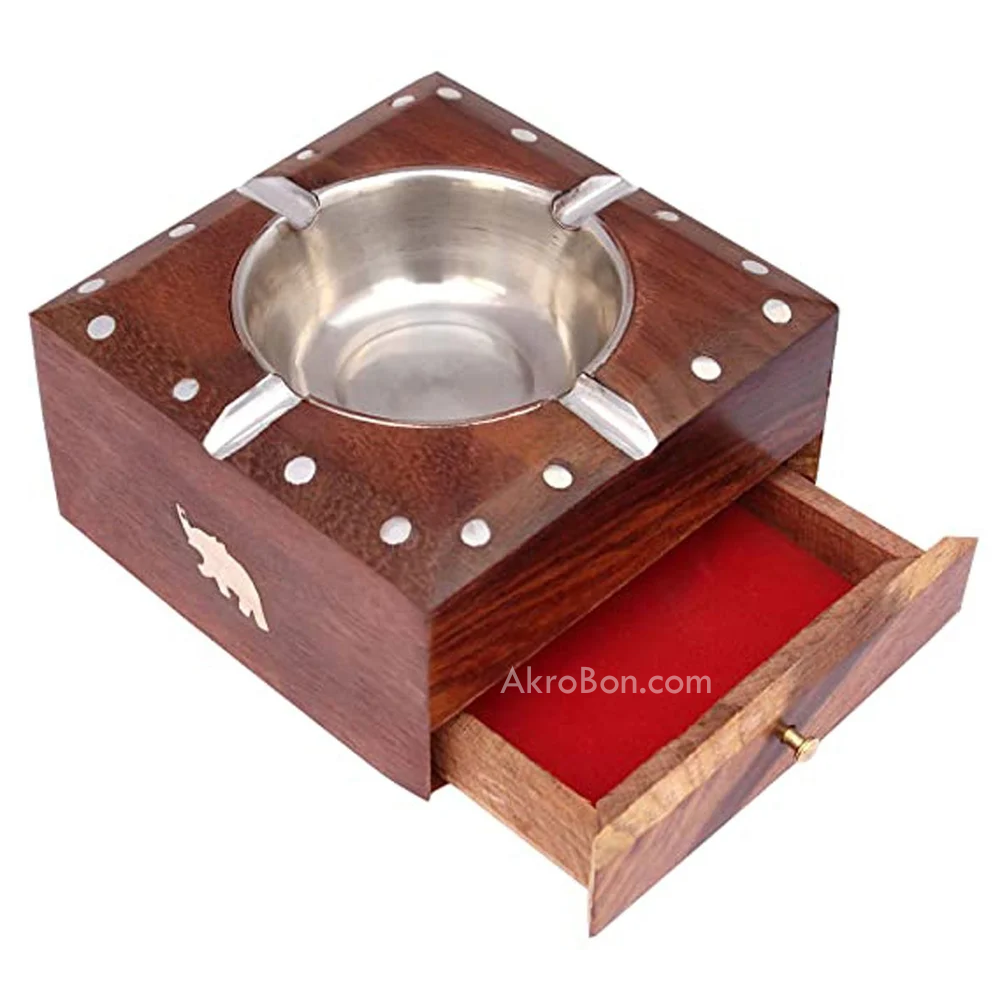 InSquare Round Wooden Ashtray - with Removable Tray
