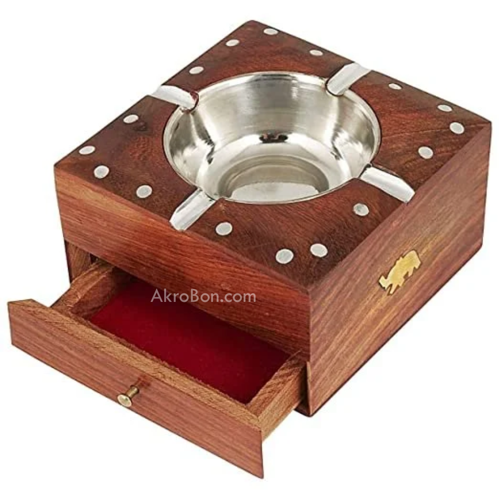 InSquare Round Wooden Ashtray - with Removable Tray