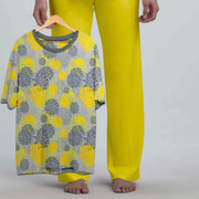 Azlax Yellow Flower 100% Cotton Pajama Sets - Tshirt + Pajamas