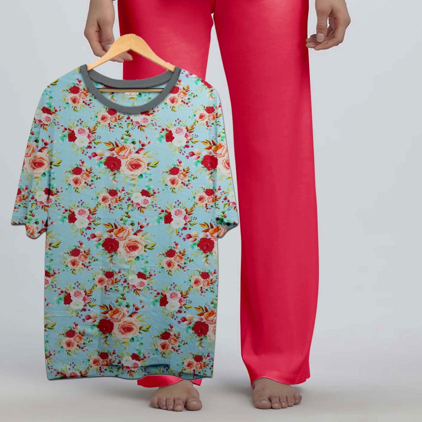 Azlax Floral Fuschia 100% Cotton Pajama Sets - Tshirt + Pajamas