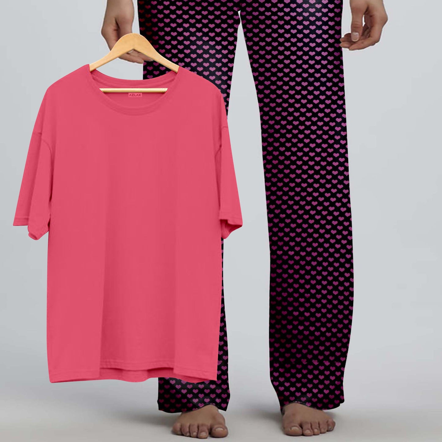 Azlax Fuschia Hearts 100% Cotton Pajama Sets - Tshirt + Pajamas