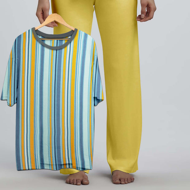 Azlax Striped Yellow 100% Cotton Pajama Sets - Tshirt + Pajamas