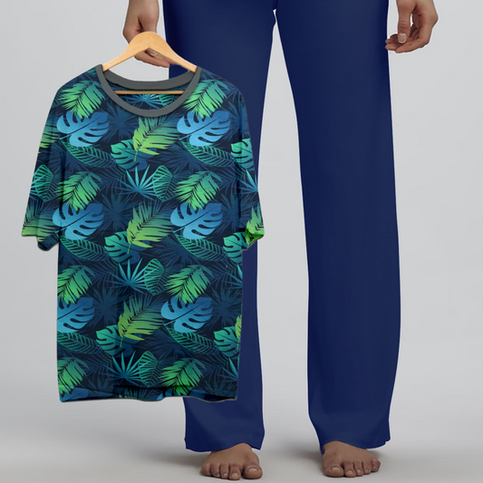 Azlax Navy Columbia 100% Cotton Pajama Sets - Tshirt + Pajamas