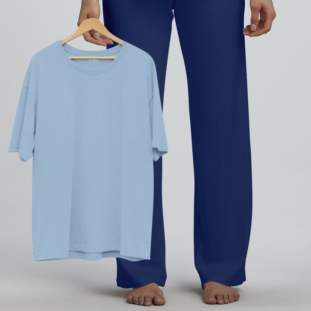 Azlax Light Blue Navy 100% Cotton Pajama Sets - Tshirt + Pajamas