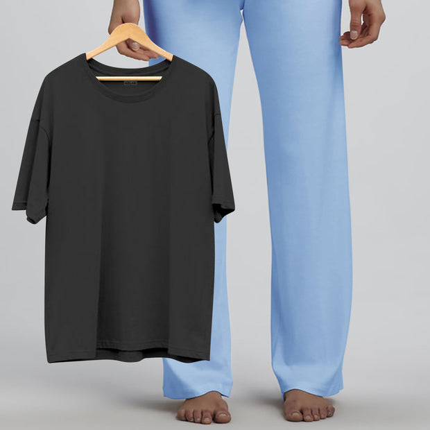Azlax Black Light Blue 100% Cotton Pajama Sets - Tshirt + Pajamas