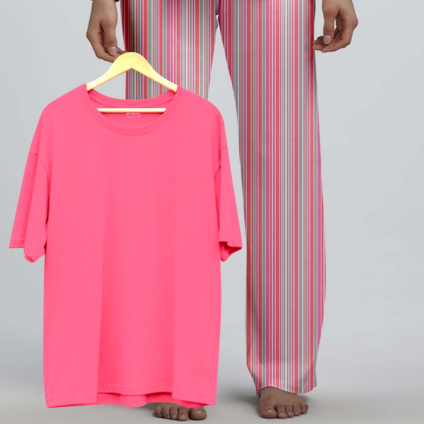 Azlax Pink Striped 100% Cotton Pajama Sets - Tshirt + Pajamas