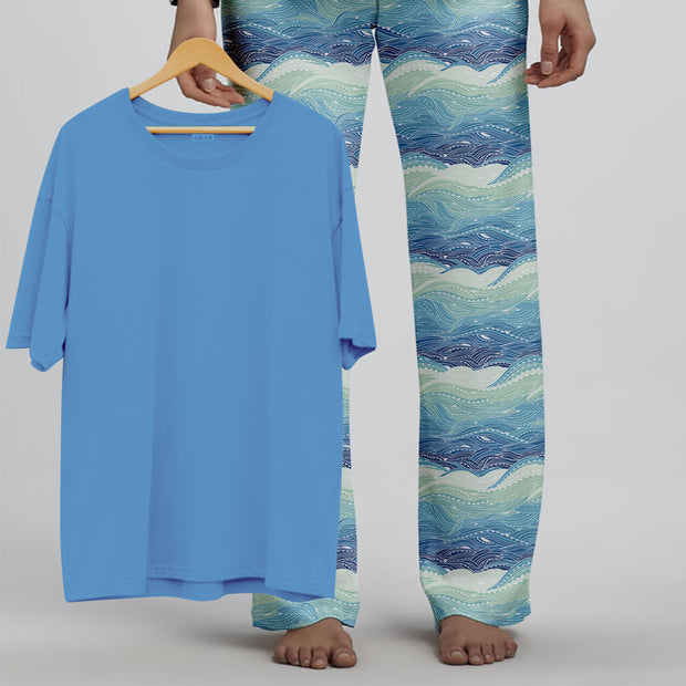 Azlax Royal Blue Waves 100% Cotton Pajama Sets - Tshirt + Pajamas