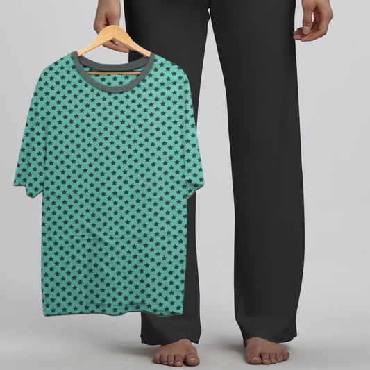 Azlax Mint Star Black 100% Cotton Pajama Sets - Tshirt + Pajamas